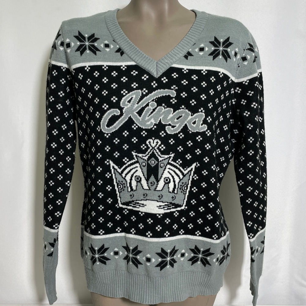 Los Angeles Kings NHL Hockey Fair Isle Black Grey Holiday Sweater Women's XL
